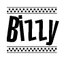 The image is a black and white clipart of the text Bizzy in a bold, italicized font. The text is bordered by a dotted line on the top and bottom, and there are checkered flags positioned at both ends of the text, usually associated with racing or finishing lines.