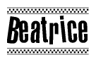 The image is a black and white clipart of the text Beatrice in a bold, italicized font. The text is bordered by a dotted line on the top and bottom, and there are checkered flags positioned at both ends of the text, usually associated with racing or finishing lines.