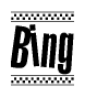 The image is a black and white clipart of the text Bing in a bold, italicized font. The text is bordered by a dotted line on the top and bottom, and there are checkered flags positioned at both ends of the text, usually associated with racing or finishing lines.