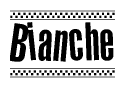 The image is a black and white clipart of the text Bianche in a bold, italicized font. The text is bordered by a dotted line on the top and bottom, and there are checkered flags positioned at both ends of the text, usually associated with racing or finishing lines.