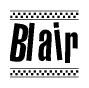 The image contains the text Blair in a bold, stylized font, with a checkered flag pattern bordering the top and bottom of the text.