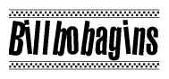 The image is a black and white clipart of the text Billbobagins in a bold, italicized font. The text is bordered by a dotted line on the top and bottom, and there are checkered flags positioned at both ends of the text, usually associated with racing or finishing lines.