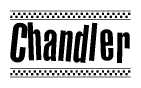 The clipart image displays the text Chandler in a bold, stylized font. It is enclosed in a rectangular border with a checkerboard pattern running below and above the text, similar to a finish line in racing. 