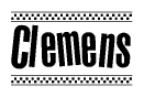 The clipart image displays the text Clemens in a bold, stylized font. It is enclosed in a rectangular border with a checkerboard pattern running below and above the text, similar to a finish line in racing. 