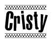 The image is a black and white clipart of the text Cristy in a bold, italicized font. The text is bordered by a dotted line on the top and bottom, and there are checkered flags positioned at both ends of the text, usually associated with racing or finishing lines.