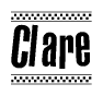 The image is a black and white clipart of the text Clare in a bold, italicized font. The text is bordered by a dotted line on the top and bottom, and there are checkered flags positioned at both ends of the text, usually associated with racing or finishing lines.