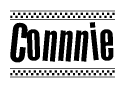 The clipart image displays the text Connnie in a bold, stylized font. It is enclosed in a rectangular border with a checkerboard pattern running below and above the text, similar to a finish line in racing. 