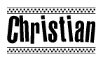 The image contains the text Christian in a bold, stylized font, with a checkered flag pattern bordering the top and bottom of the text.