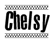 The image is a black and white clipart of the text Chelsy in a bold, italicized font. The text is bordered by a dotted line on the top and bottom, and there are checkered flags positioned at both ends of the text, usually associated with racing or finishing lines.