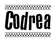 The image is a black and white clipart of the text Codrea in a bold, italicized font. The text is bordered by a dotted line on the top and bottom, and there are checkered flags positioned at both ends of the text, usually associated with racing or finishing lines.