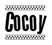 The image is a black and white clipart of the text Cocoy in a bold, italicized font. The text is bordered by a dotted line on the top and bottom, and there are checkered flags positioned at both ends of the text, usually associated with racing or finishing lines.