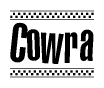 The image contains the text Cowra in a bold, stylized font, with a checkered flag pattern bordering the top and bottom of the text.