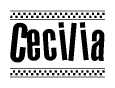 The clipart image displays the text Cecilia in a bold, stylized font. It is enclosed in a rectangular border with a checkerboard pattern running below and above the text, similar to a finish line in racing. 