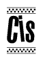 The image is a black and white clipart of the text Cis in a bold, italicized font. The text is bordered by a dotted line on the top and bottom, and there are checkered flags positioned at both ends of the text, usually associated with racing or finishing lines.