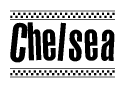 The image is a black and white clipart of the text Chelsea in a bold, italicized font. The text is bordered by a dotted line on the top and bottom, and there are checkered flags positioned at both ends of the text, usually associated with racing or finishing lines.