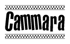 The image is a black and white clipart of the text Cammara in a bold, italicized font. The text is bordered by a dotted line on the top and bottom, and there are checkered flags positioned at both ends of the text, usually associated with racing or finishing lines.