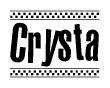 The image contains the text Crysta in a bold, stylized font, with a checkered flag pattern bordering the top and bottom of the text.