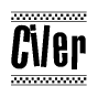 The image is a black and white clipart of the text Ciler in a bold, italicized font. The text is bordered by a dotted line on the top and bottom, and there are checkered flags positioned at both ends of the text, usually associated with racing or finishing lines.