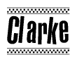 The clipart image displays the text Clarke in a bold, stylized font. It is enclosed in a rectangular border with a checkerboard pattern running below and above the text, similar to a finish line in racing. 