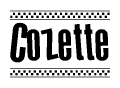 The image is a black and white clipart of the text Cozette in a bold, italicized font. The text is bordered by a dotted line on the top and bottom, and there are checkered flags positioned at both ends of the text, usually associated with racing or finishing lines.