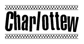 The image is a black and white clipart of the text Charlottew in a bold, italicized font. The text is bordered by a dotted line on the top and bottom, and there are checkered flags positioned at both ends of the text, usually associated with racing or finishing lines.