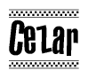 The clipart image displays the text Cezar in a bold, stylized font. It is enclosed in a rectangular border with a checkerboard pattern running below and above the text, similar to a finish line in racing. 