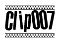 The image is a black and white clipart of the text Clip007 in a bold, italicized font. The text is bordered by a dotted line on the top and bottom, and there are checkered flags positioned at both ends of the text, usually associated with racing or finishing lines.