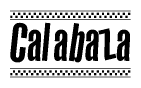 The image is a black and white clipart of the text Calabaza in a bold, italicized font. The text is bordered by a dotted line on the top and bottom, and there are checkered flags positioned at both ends of the text, usually associated with racing or finishing lines.