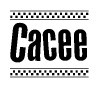 The clipart image displays the text Cacee in a bold, stylized font. It is enclosed in a rectangular border with a checkerboard pattern running below and above the text, similar to a finish line in racing. 