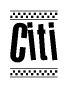 The image is a black and white clipart of the text Citi in a bold, italicized font. The text is bordered by a dotted line on the top and bottom, and there are checkered flags positioned at both ends of the text, usually associated with racing or finishing lines.