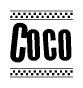 The clipart image displays the text Coco in a bold, stylized font. It is enclosed in a rectangular border with a checkerboard pattern running below and above the text, similar to a finish line in racing. 