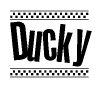 The clipart image displays the text Ducky in a bold, stylized font. It is enclosed in a rectangular border with a checkerboard pattern running below and above the text, similar to a finish line in racing. 