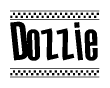 The image is a black and white clipart of the text Dozzie in a bold, italicized font. The text is bordered by a dotted line on the top and bottom, and there are checkered flags positioned at both ends of the text, usually associated with racing or finishing lines.