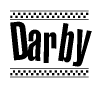 The image contains the text Darby in a bold, stylized font, with a checkered flag pattern bordering the top and bottom of the text.