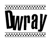 The image is a black and white clipart of the text Dwray in a bold, italicized font. The text is bordered by a dotted line on the top and bottom, and there are checkered flags positioned at both ends of the text, usually associated with racing or finishing lines.