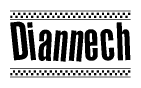 The image is a black and white clipart of the text Diannech in a bold, italicized font. The text is bordered by a dotted line on the top and bottom, and there are checkered flags positioned at both ends of the text, usually associated with racing or finishing lines.