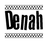 The clipart image displays the text Denah in a bold, stylized font. It is enclosed in a rectangular border with a checkerboard pattern running below and above the text, similar to a finish line in racing. 
