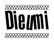 The image is a black and white clipart of the text Dieumi in a bold, italicized font. The text is bordered by a dotted line on the top and bottom, and there are checkered flags positioned at both ends of the text, usually associated with racing or finishing lines.