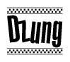 The image is a black and white clipart of the text Dzung in a bold, italicized font. The text is bordered by a dotted line on the top and bottom, and there are checkered flags positioned at both ends of the text, usually associated with racing or finishing lines.