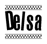 The image contains the text Delsa in a bold, stylized font, with a checkered flag pattern bordering the top and bottom of the text.