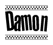 The image is a black and white clipart of the text Damon in a bold, italicized font. The text is bordered by a dotted line on the top and bottom, and there are checkered flags positioned at both ends of the text, usually associated with racing or finishing lines.
