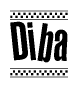 The image is a black and white clipart of the text Diba in a bold, italicized font. The text is bordered by a dotted line on the top and bottom, and there are checkered flags positioned at both ends of the text, usually associated with racing or finishing lines.