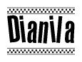 The image is a black and white clipart of the text Dianila in a bold, italicized font. The text is bordered by a dotted line on the top and bottom, and there are checkered flags positioned at both ends of the text, usually associated with racing or finishing lines.
