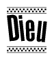 The image contains the text Dieu in a bold, stylized font, with a checkered flag pattern bordering the top and bottom of the text.