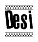 The image contains the text Desi in a bold, stylized font, with a checkered flag pattern bordering the top and bottom of the text.
