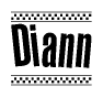 The image is a black and white clipart of the text Diann in a bold, italicized font. The text is bordered by a dotted line on the top and bottom, and there are checkered flags positioned at both ends of the text, usually associated with racing or finishing lines.