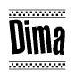 The clipart image displays the text Dima in a bold, stylized font. It is enclosed in a rectangular border with a checkerboard pattern running below and above the text, similar to a finish line in racing. 