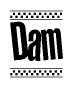 The image contains the text Dam in a bold, stylized font, with a checkered flag pattern bordering the top and bottom of the text.