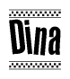The image contains the text Dina in a bold, stylized font, with a checkered flag pattern bordering the top and bottom of the text.