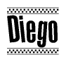 The image contains the text Diego in a bold, stylized font, with a checkered flag pattern bordering the top and bottom of the text.